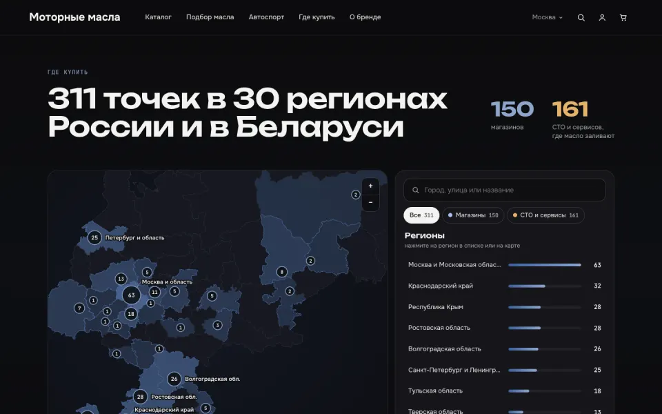 Интернет-магазин моторных масел: 311 точек в 30 регионах России и в Беларуси
